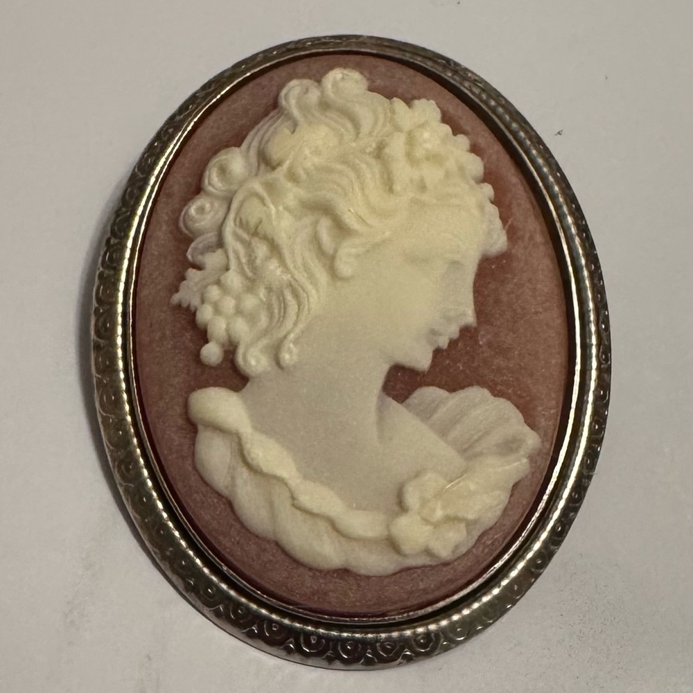 Vintage-Inspired Cameo Brooch with Silver Trim
